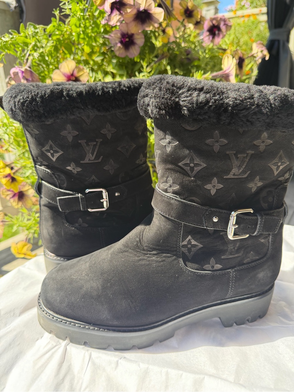 Louis Vuitton Black Monogram Shearling-Trim Buckle Boots